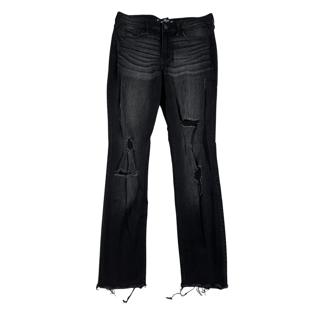Hollister Womens Jeans High Rise Super Skinny Black Size 3R Distressed Raw‎ Hem